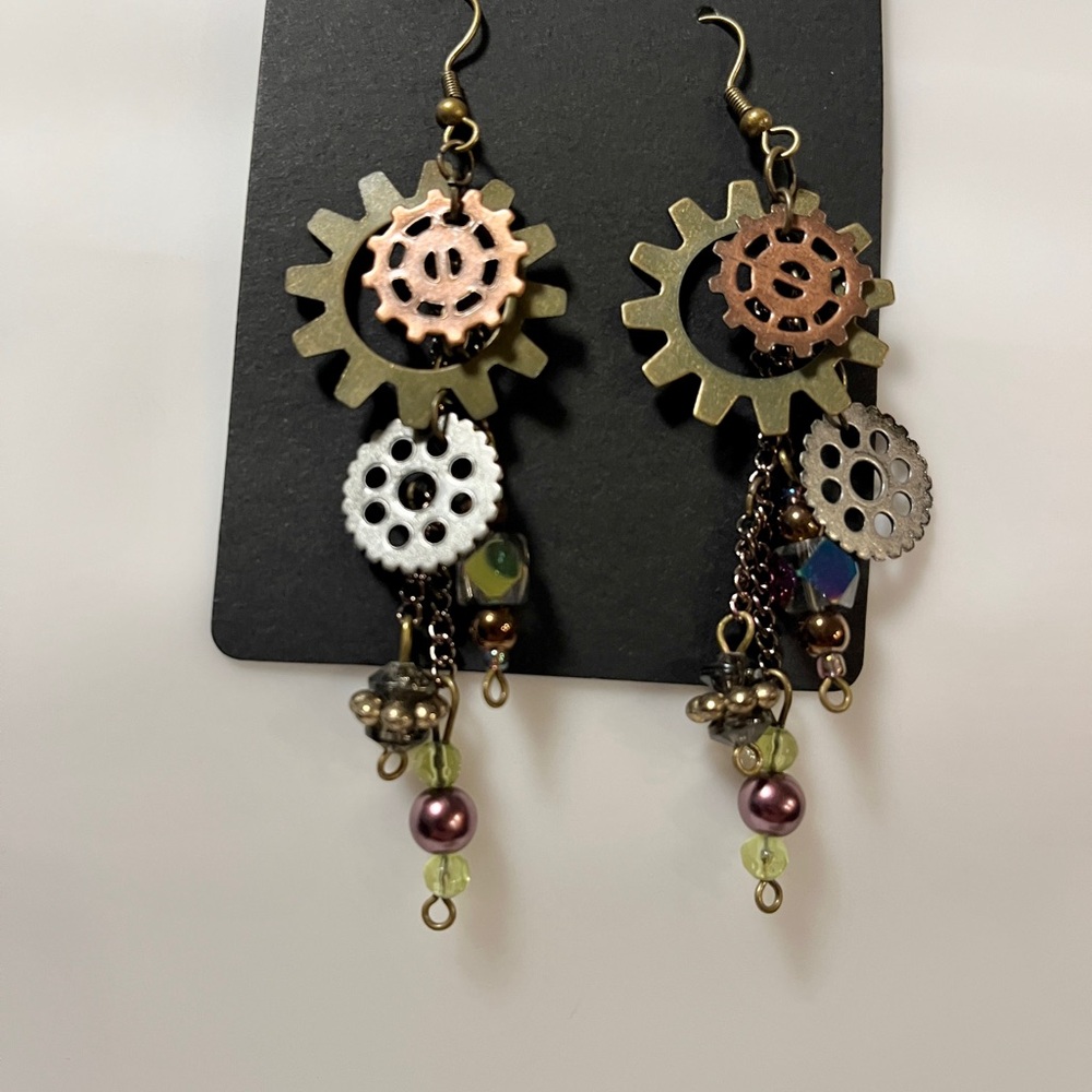 Hand Crafted Multitone Gear Drop Earrings - Bronze, Copper, Silver, Olive